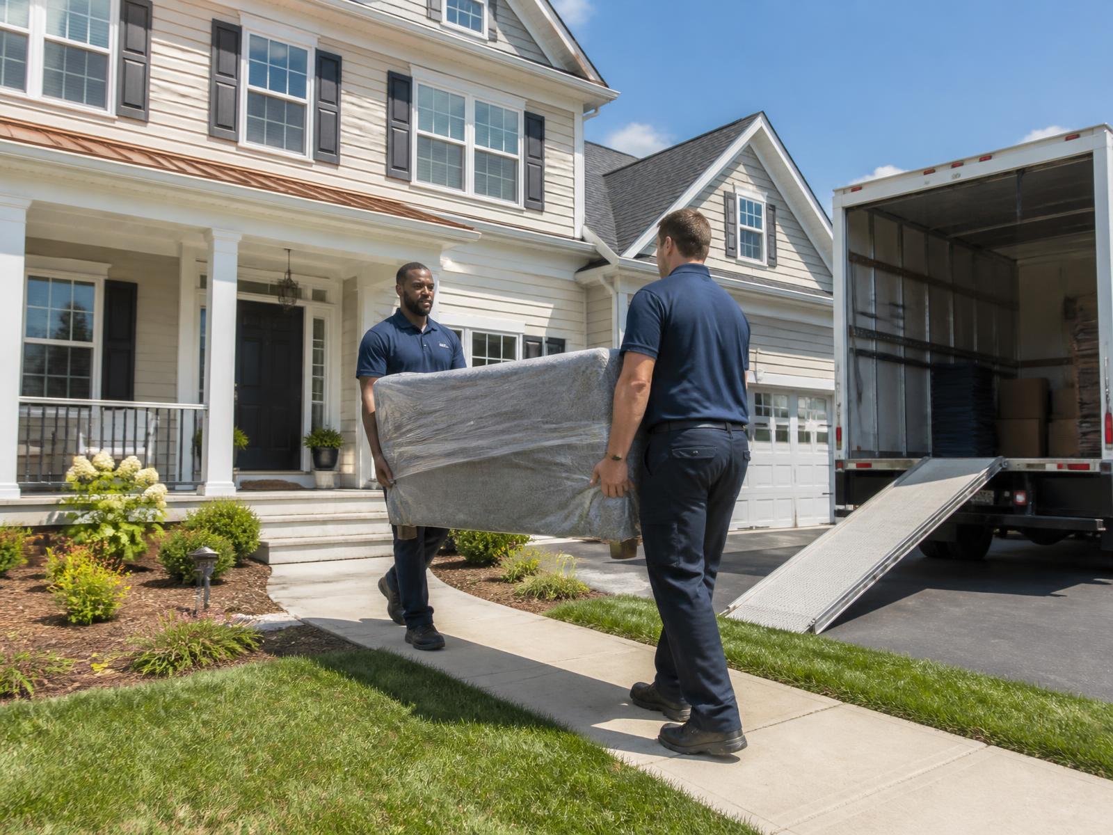 Professional movers carrying wrapped furniture from an American home to a moving truck